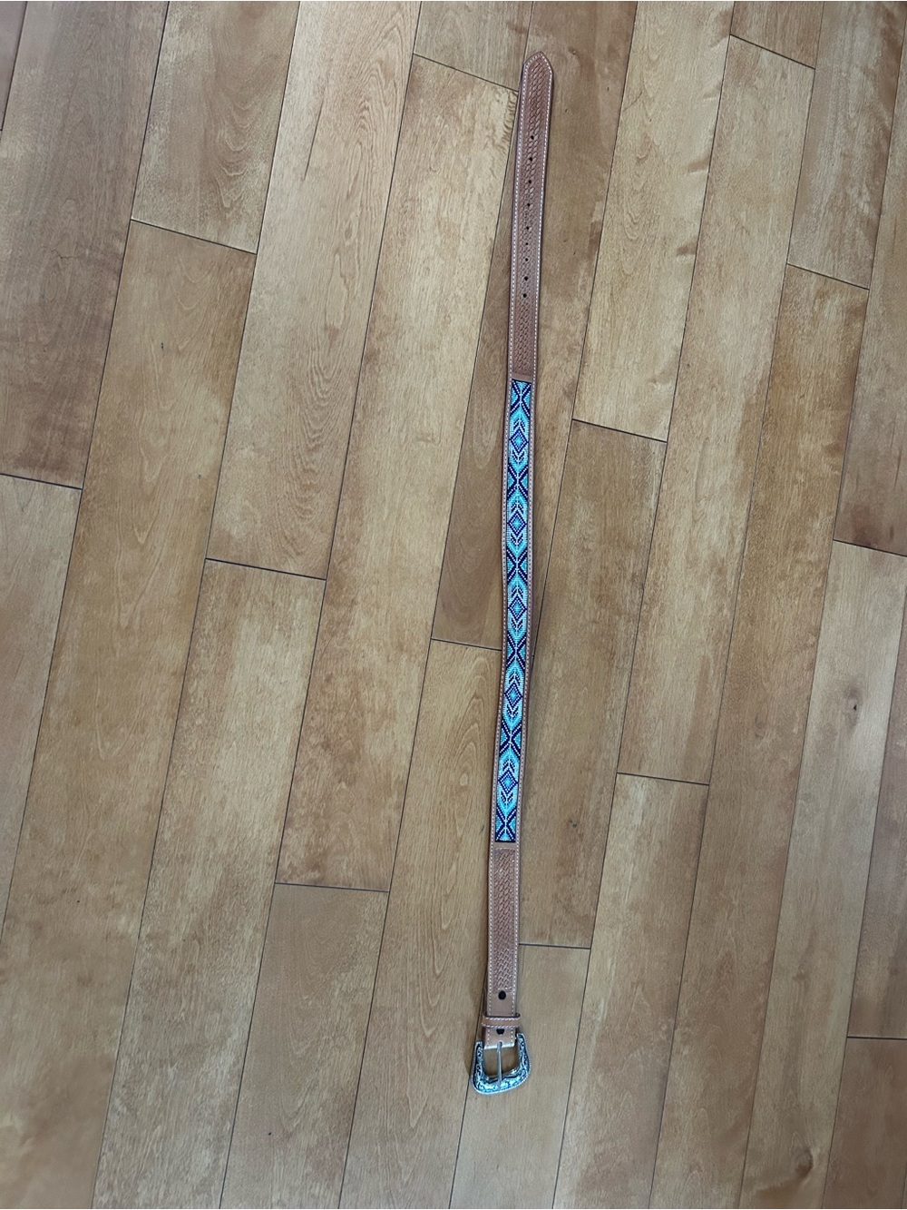Brown Leather Belt with Blue Beaded Aztec Inlay - Women’s Accessories